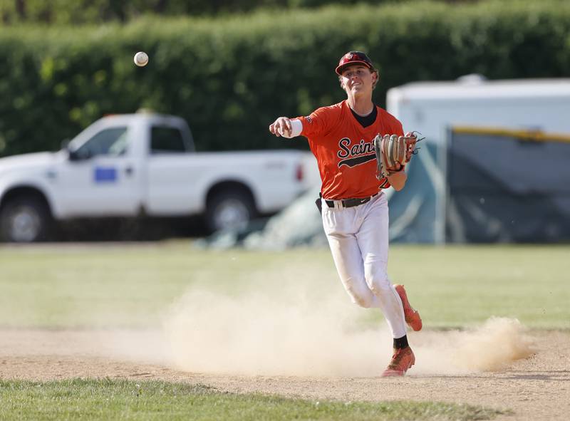 St. Charles East's Cole Ridgway (21) throws to first during the Class 4A York regional semi-final between Wheaton Warrenville South and St. Charles East in Elmhurst on Thursday, May 23, 2024.