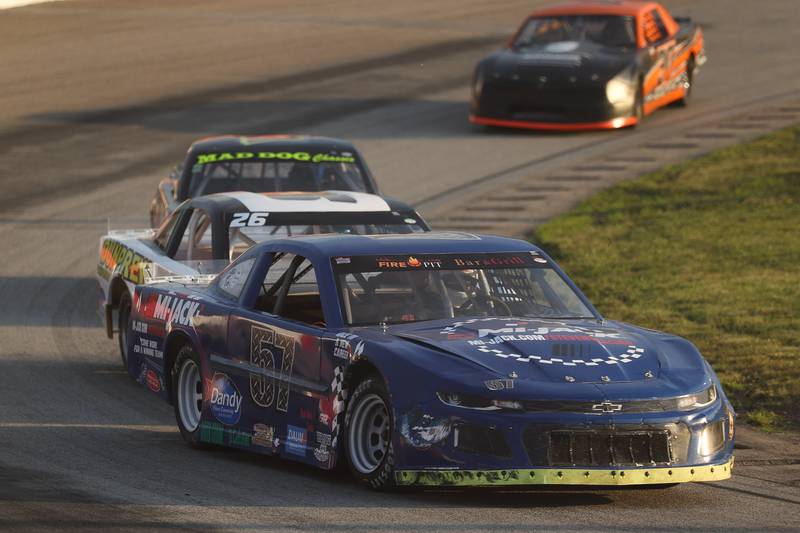 Jonathan Stevens holds a lead in the Street Stock heat race on a special fundraising night for the Special Olympics at Grundy County Speedway on June 15, 2024 in Morris.