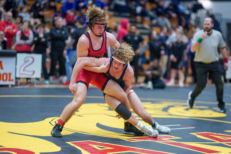 Batavia’s Ben Brown competes against Naperville North’s Matt Murphy In a 190-pound championship match during The Clint Arlis Invitational Wrestling meet at Batavia High School in Batavia on Saturday, Jan 13, 2024.