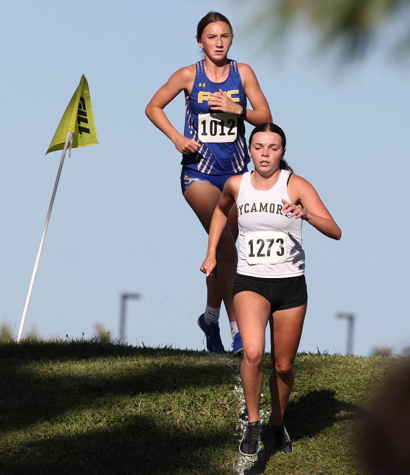 Sycamore’s Layla Janisch runs down a hill during the girls varsity race Tuesday, Sept. 3, 2024, at the Sycamore Cross Country Invite at Kishwaukee College in Malta.