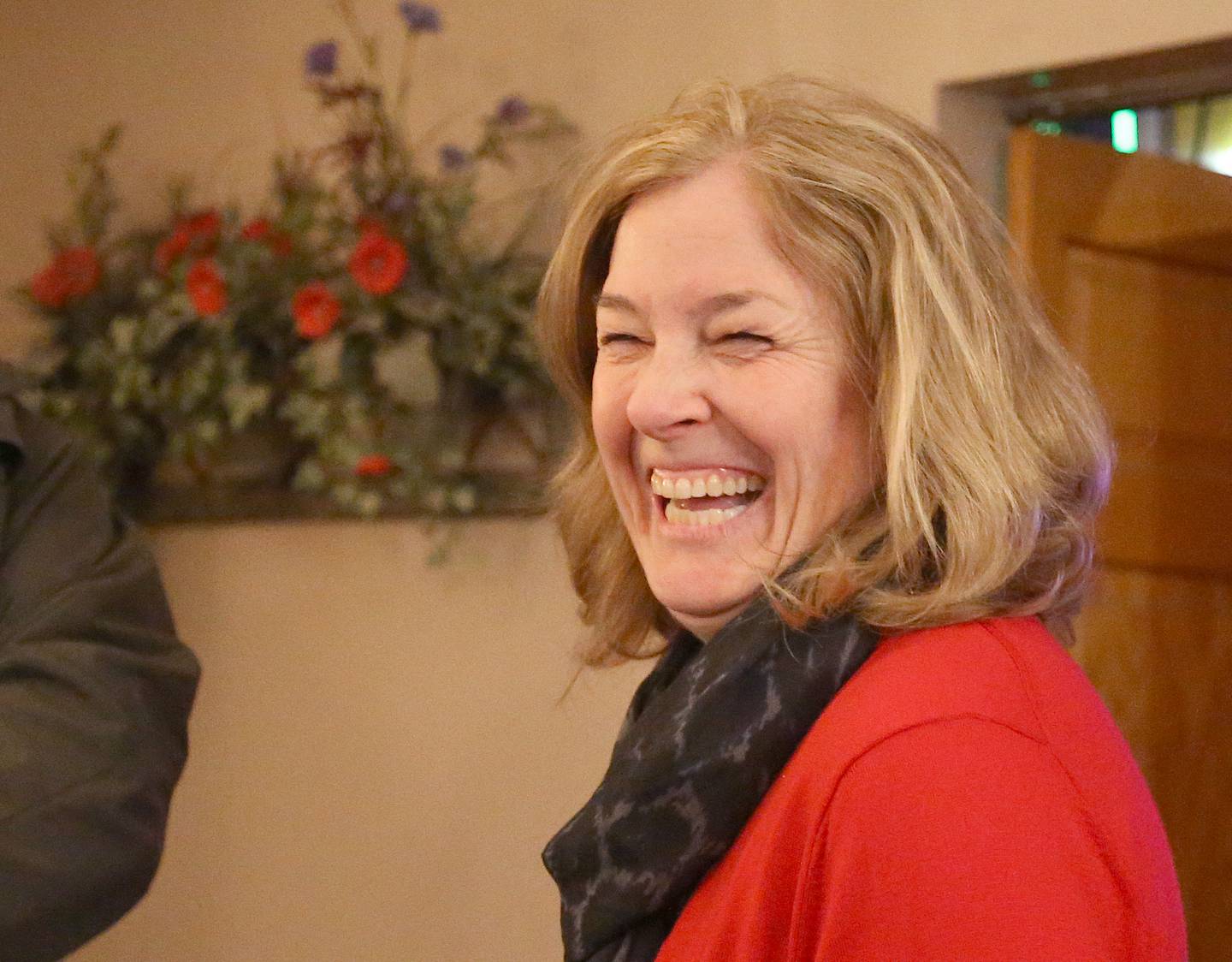 Liz Bishop, Candidate for State Representative in the 76th District smiles as results come in on Tuesday, March 19, 2024 at the Right Spice in Peru.