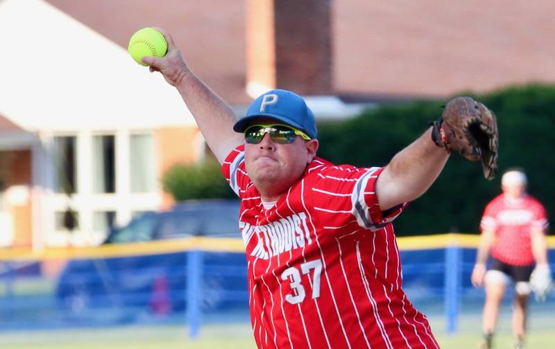 Justin Smith fires a pitch for Malden Methodist in Friday's Princeton Park District Fastpich League tournament play at Westside Park.