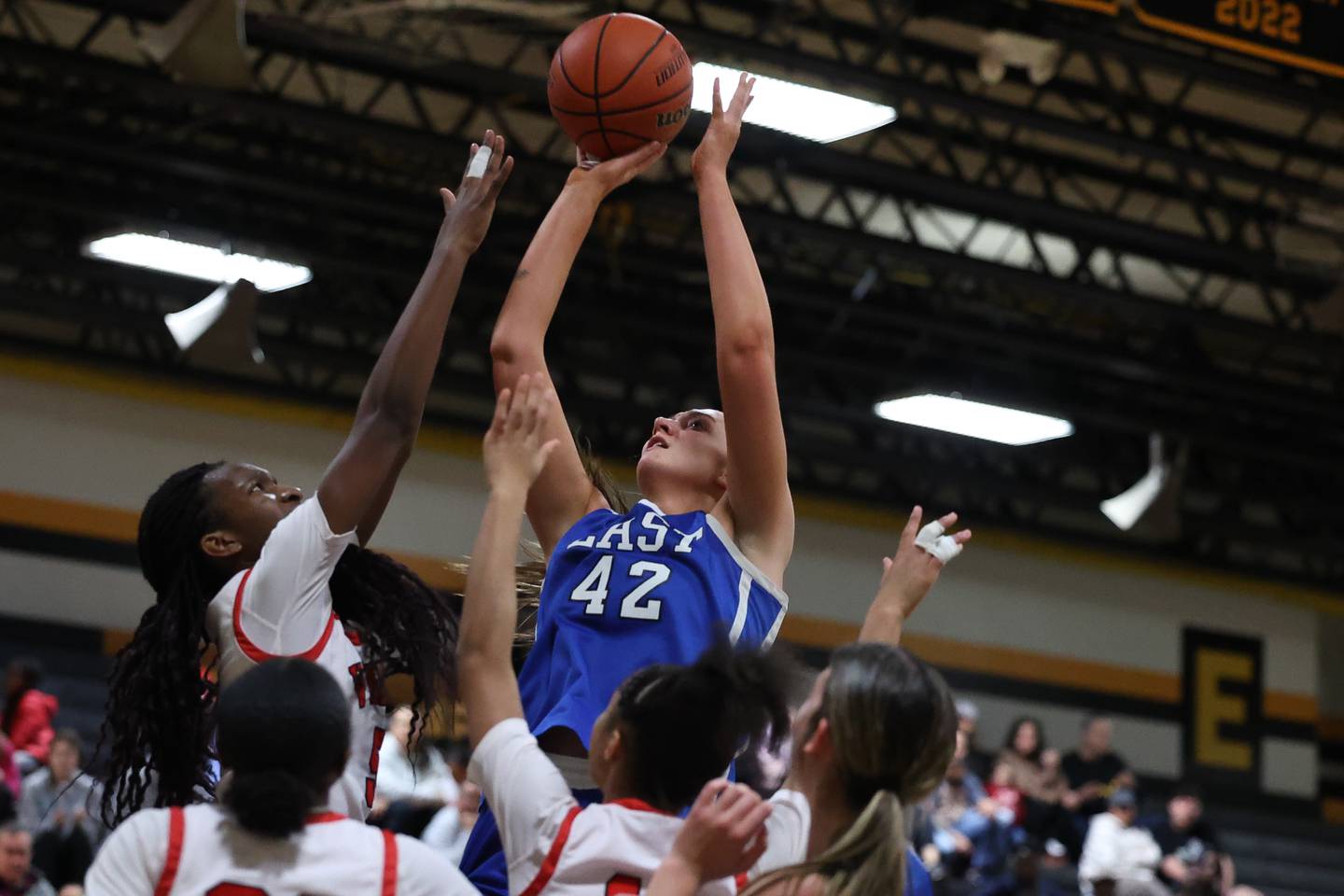 Lincoln-Way East’s Hayven Smith puts up a shot against Homewood-Flossmoor in the Class 4A Joliet West Sectional championship on Thursday, Feb. 22nd in Joliet.