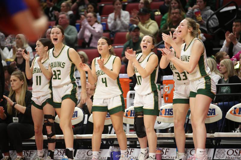 Members of the St. Bede girls basketball team (from left) Bailey Engeles, Quinn McClain, Jeanna Ladzinski, Grace Millington, Ella Englehaupt and Ashlyn Ehm react during the Class 1A State semifinal game on Thursday, Feb. 29, 2024 at CEFCU Arena in Normal.