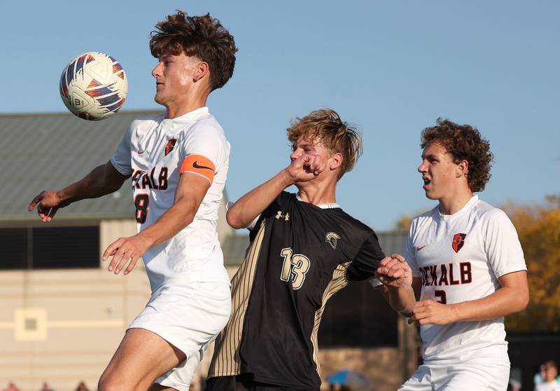 DeKalb's Matthew Tuszynski controls the ball in front of Sycamore's Aiden Sears during their game Tuesday, Oct. 3, 2023, at Sycamore High School.