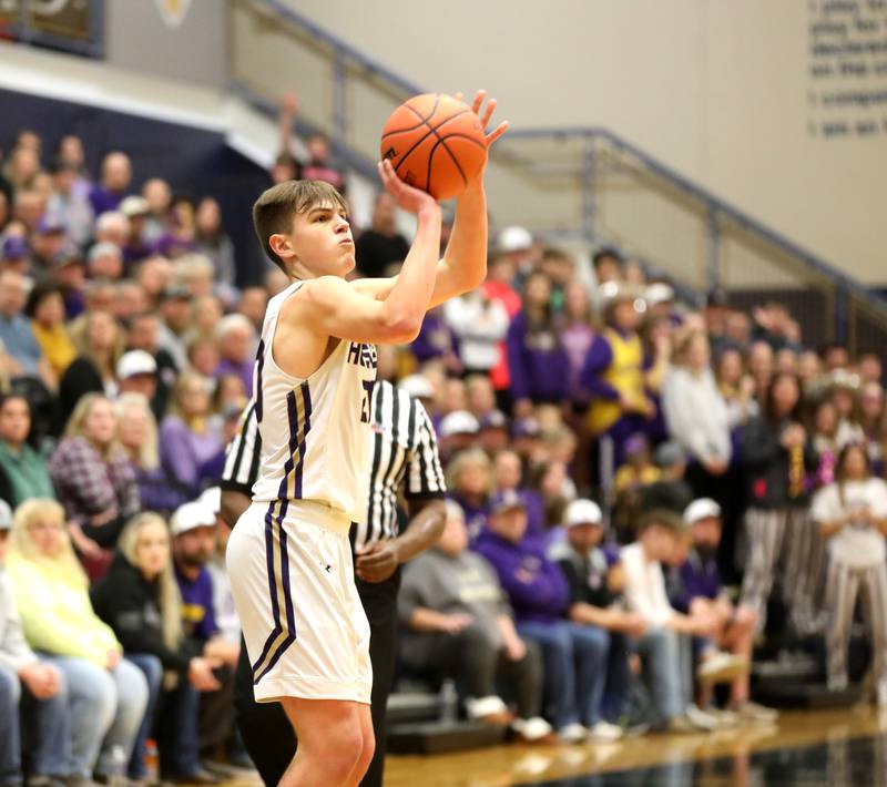 Serena’s Beau Raikes shoots three points during the Class 1A Harvest Christian Academy Sectional semifinal game against Harvest Christian Academy on Wednesday, Feb. 28, 2024 in Elgin.