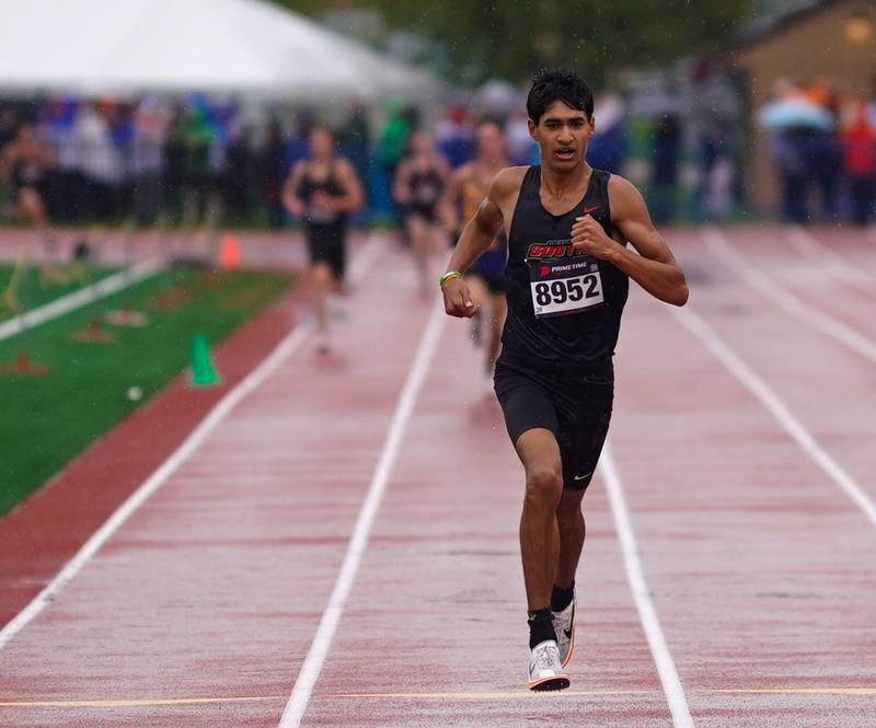 Wheaton Warrenville South’s Josiah Narayanan makes his way to the finish line for a second place time of 15:23.8 during the DuKane Conference Cross Country Championships at Lake Park High School in Roselle on Saturday, Oct. 14, 2023.