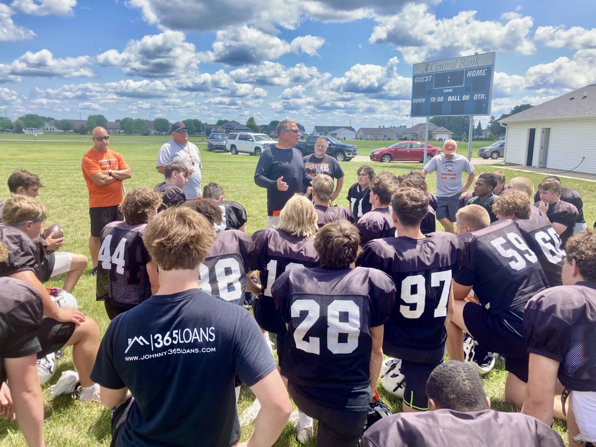 Washington coach Todd Stevens addresses the Panthers following their scrimmage at Princeton on July 18. Stevens is a 1990 graduate of PHS and a member of the Tigers' 1989 state runner-up team.