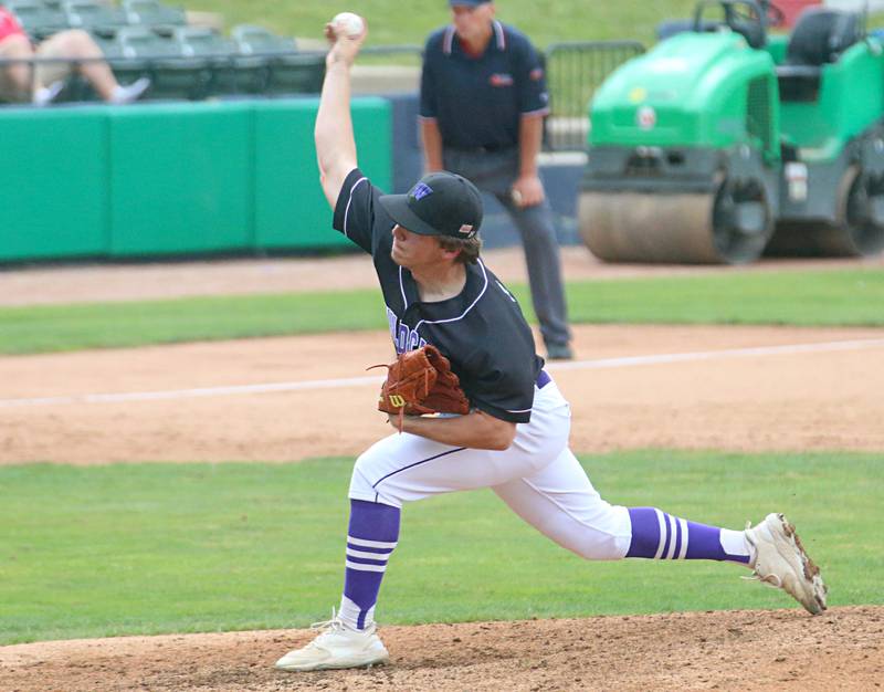 Wilmington pitcher Kyle Farrell lets go of a throw to Newman during the Class 2A third place game on Saturday, June 1, 2024 at Dozer Park in Peoria.