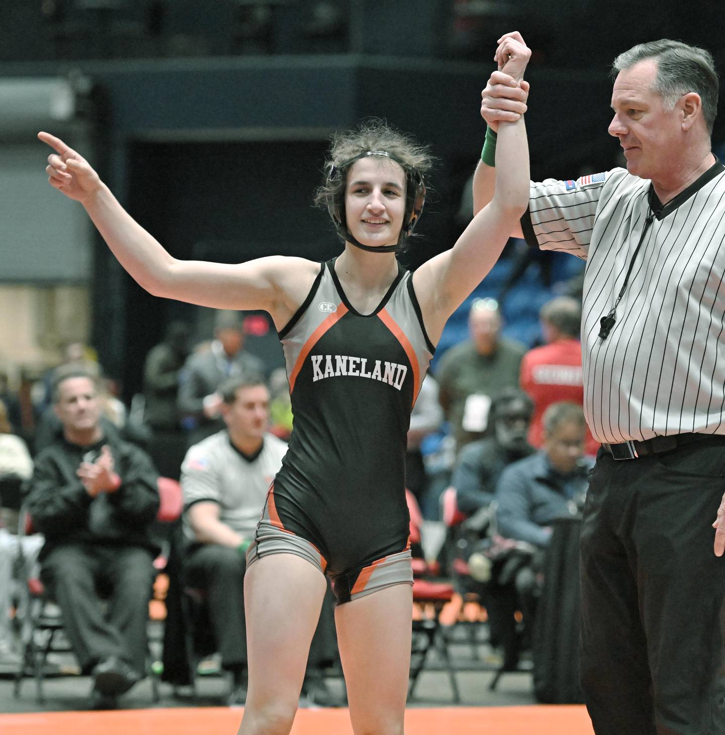 the winner over Huntley’s Janiah Slaughter in the 105-pound class at the girls wrestling state finals at Grossinger Motor Arena in Bloomington on Saturday, Feb. 24, 2024.