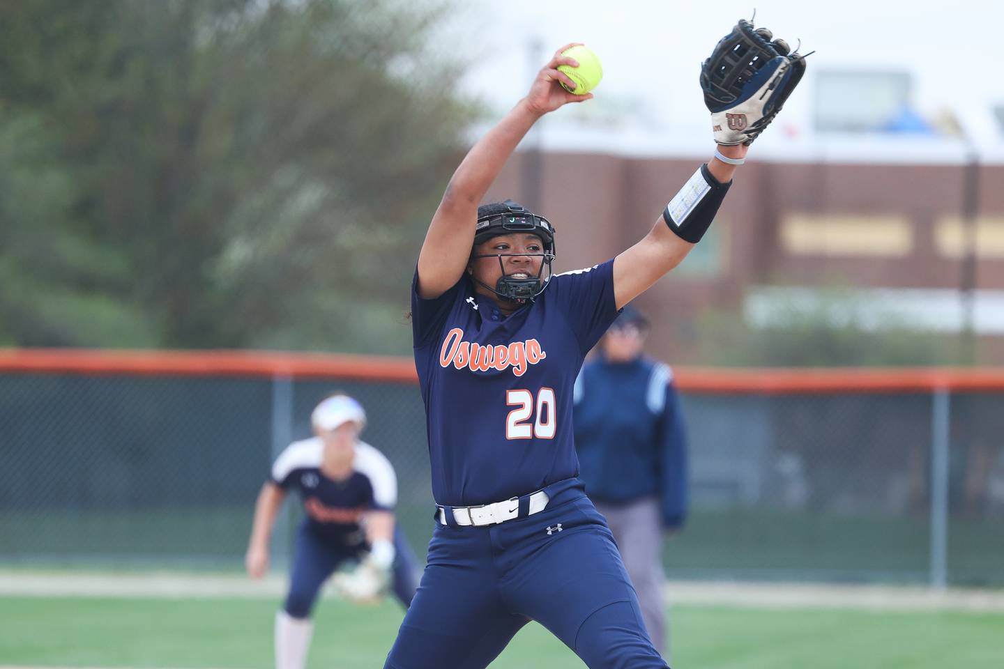 Oswego’s Jaelynn Anthony delivers a pitch against Minooka on Wednesday, April 17, 2024 in Minooka.