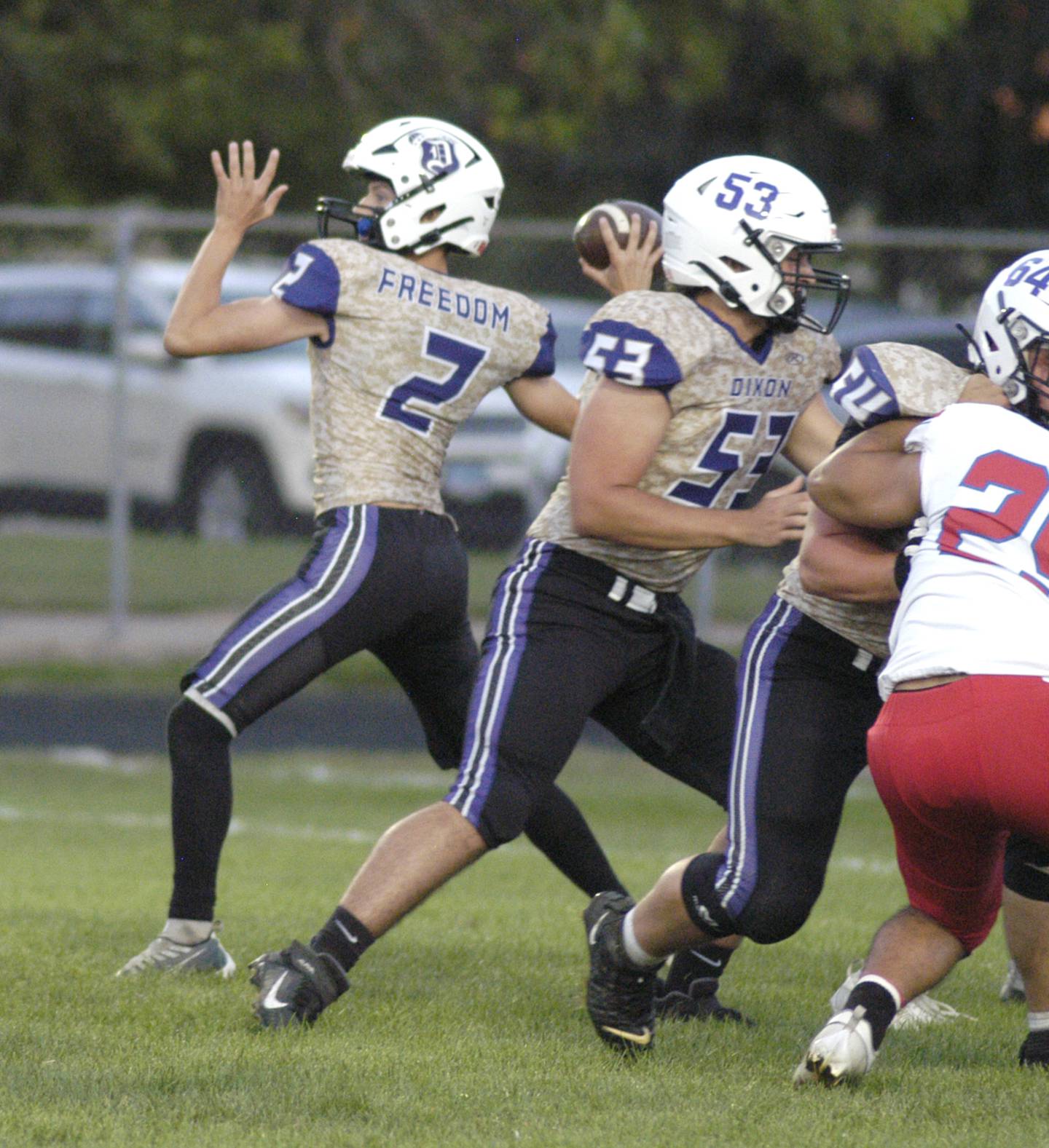 Dixon Dukes quarterback Cullen Shaner throws a deep pass for a touchdown in their game against the Oregon Hawks. Oregon traveled to AC Bowers field to play the Dukes on Friday, Sept. 7,2024