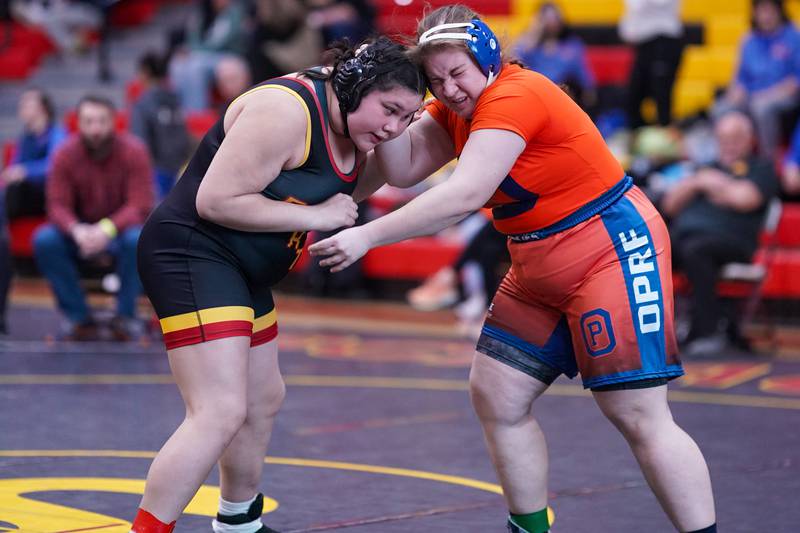 Oak Park River Forest’s Sarah Epshtein (right) competes against Lockport’s Rebekah Ramirez during a 235 pound championship match in the Schaumburg Girls Wrestling Sectional at Schaumburg High School on Saturday, Feb 10, 2024.