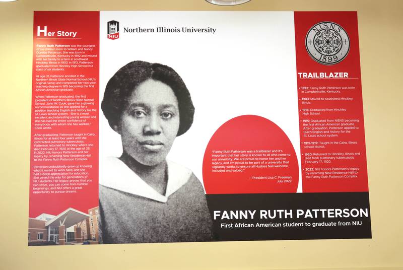 A mural inside the Community Center in New Residence Hall at Northern Illinois University tells the story of Fanny Ruth Patterson. New Residence Hall was renamed Fanny Ruth Patterson Complex during a ceremony Friday, Oct. 7, 2022. In 1915 Patterson was the university’s first Black graduate and the complex is being named in her honor.