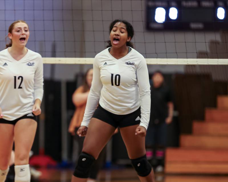 Plano's Kalia Young (10) celebrates a kill during volleyball match between Sandwich at Plano.  August 21, 2023.