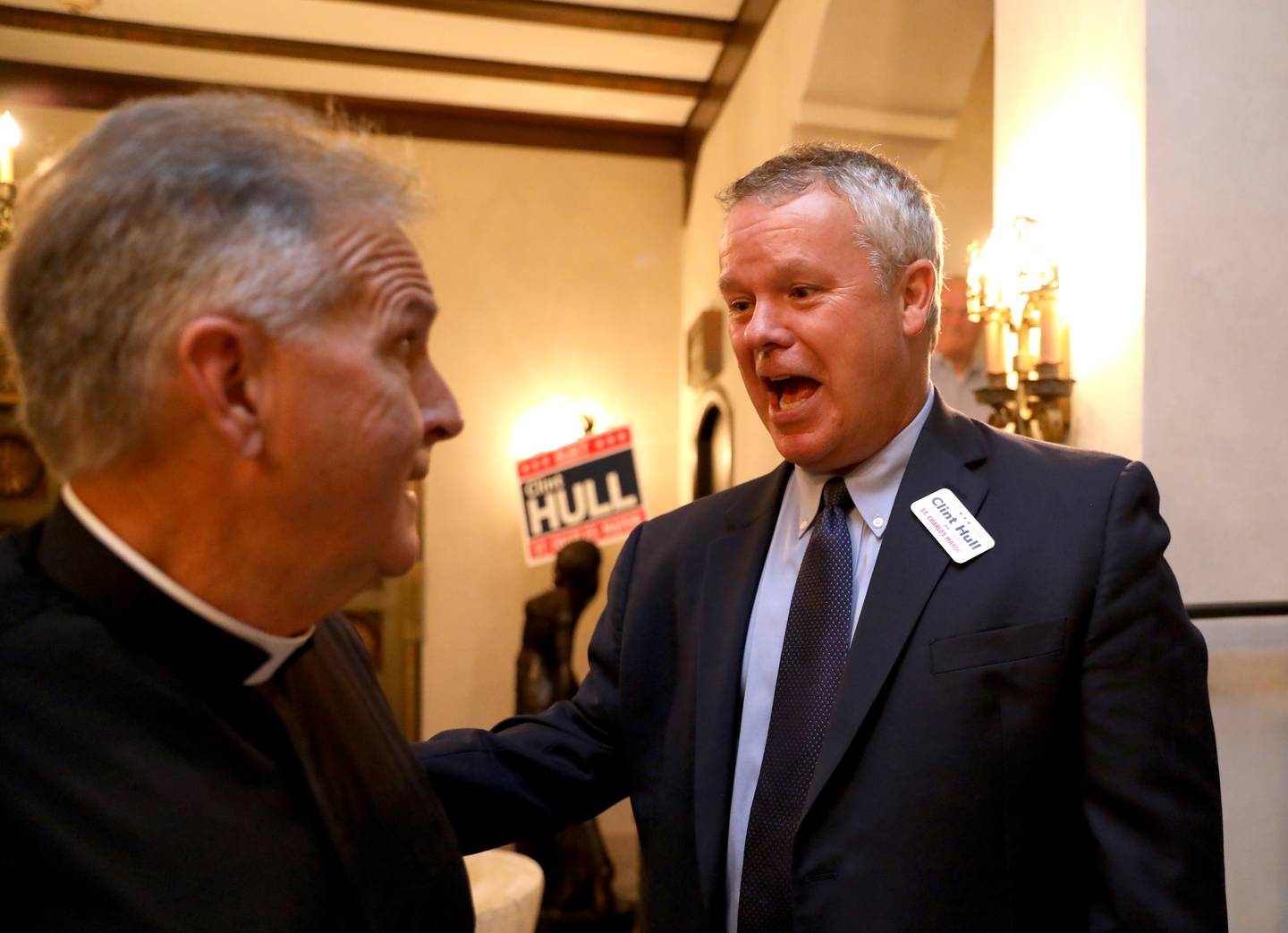 Clint Hull talks with supporters before announcing his candidacy for St. Charles Mayor on Thursday, Sept. 5, 2024 at the Hotel Baker in St. Charles.