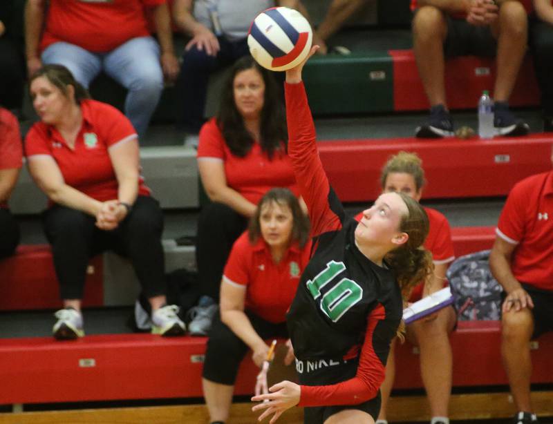 L-P's Katie Sowers sends the ball to the Geneseo side of the net in the Class 3A Regional on Tuesday, Oct. 24, 2023 at Sellett Gymnasium.