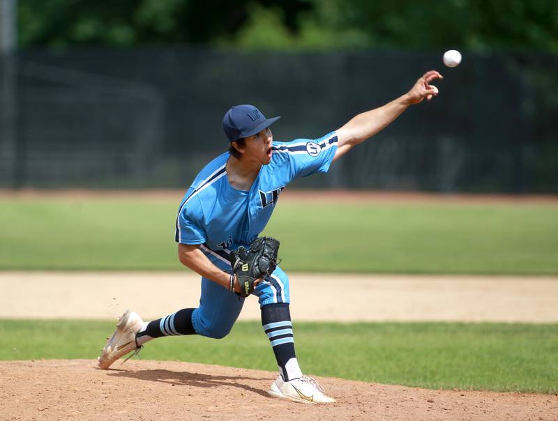 Lake Park’s Lewis Slade pitches during a Class 4A St. Charles North Sectional semifinal game against York on Wednesday, May 29, 2024.