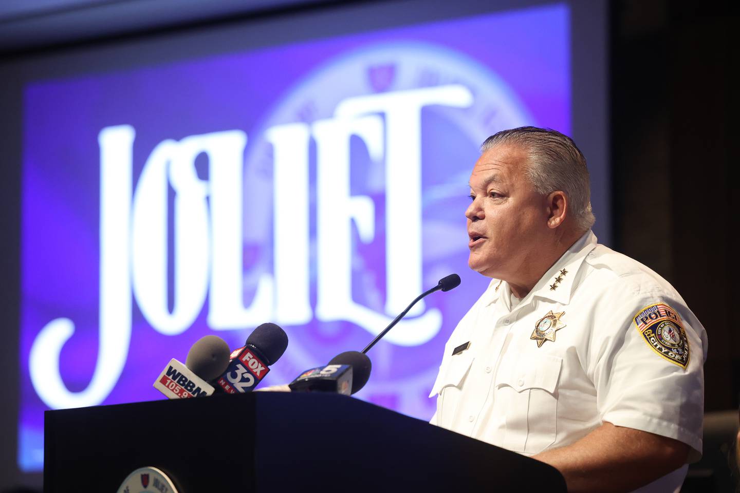 Joliet Police Chief Bill Evans speaks at a vaping press conference at Joliet City Hall on Tuesday, August 13, 2024. The conference addressed the city’s crack down on businesses selling vaping products to underage children, the school districts challenges identifying vaping devices in school and a new bill that makes it illegal in Illinois to buy vaping products online and shipped to anyone unless it’s for a licensed retailer or business.