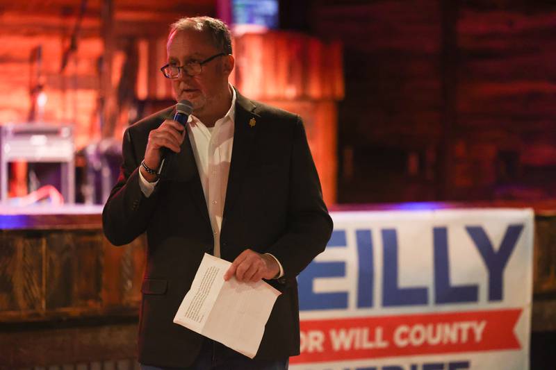 Jim Reilly, Republican candidate for Will County Sheriff, gives a speech at a Shorewood bar after unofficial results showed his campaign had a 289 vote lead over Democrat Will County Sheriff Mike Kelley as of 10 p.m. on Tuesday, Nov. 8, 2022.