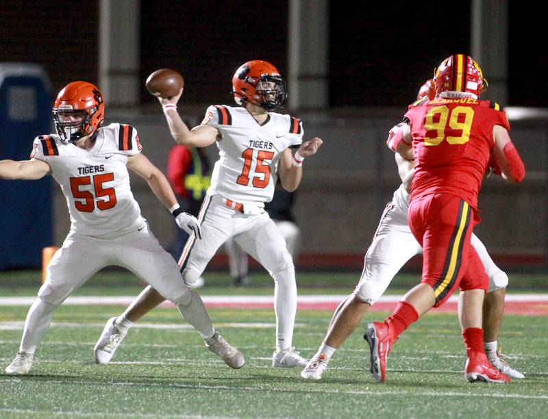 Wheaton Warrenville South quarterback Luca Carbonaro looks to pass the ball on Friday, Oct. 18, 2024 during a game at Batavia.