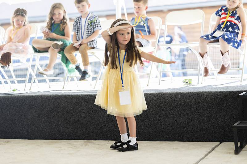 Alivia Stram, 5, tap dances for the judges Thursday, June 13, 2024 for the Little Miss title at Polo’s Town and Country Days.