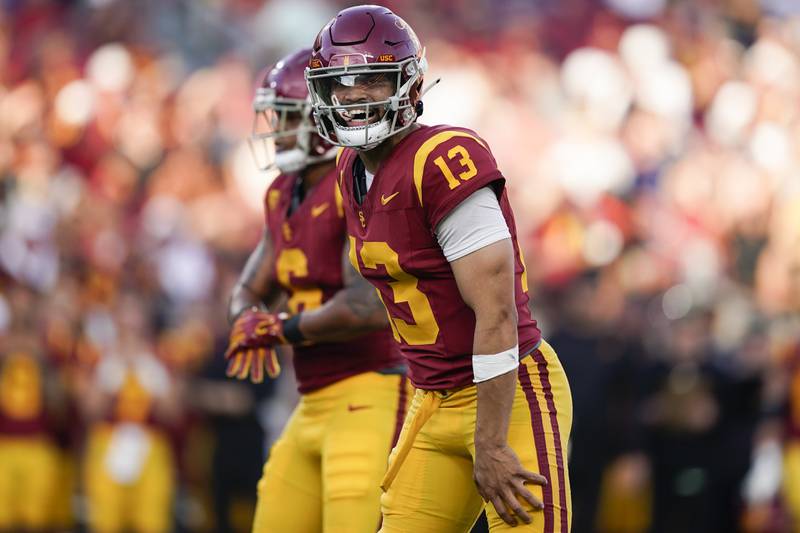 USC quarterback Caleb Williams reacts during the first half against Washington, Saturday, Nov. 4, 2023, in Los Angeles.