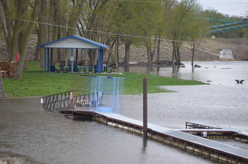 Mississippi River floodwaters are rising by the shoreline pavilion and marina in Fulton on Saturday, April 22, 2023.