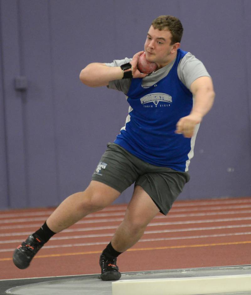 Princeton's Cade Odell throws the shot at the Newman Rosenberry Men's Classic at the Westwood Sports Center in Sterling on Tuesday, March 26, 2024. He placed third in the event.