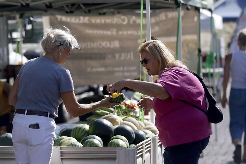 Lori Appelhans gives Harriet Marcelles of Woodstock a taste of watermelon on Tuesday, Aug. 27, 2024, from the Van Bergen’s Country Market booth during the Summer Woodstock Farmers Market around the Historic Woodstock Square. People were able to shop from over 40 of their favorite farms & producers for in-season food fresh produce, dairy, meats, breads, baked goods, spices, herbs, pasta, flowers and more.