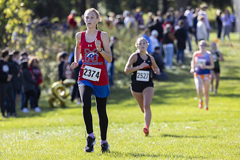 Morrison’s Emma Christin heads for the finish in the 50th Amboy Columbus Day Cross Country Invite Monday, Oct. 9, 2023.