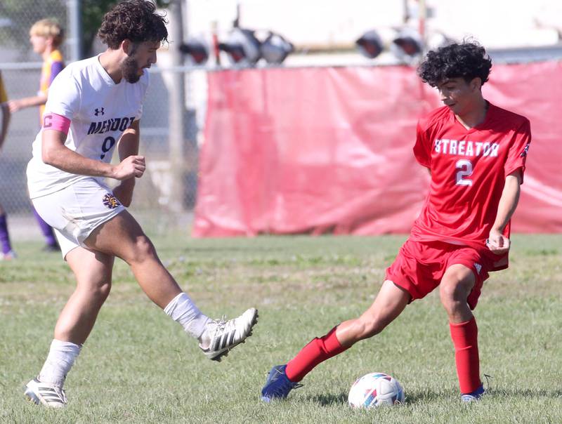 Mendota's David Casas kicks the ball past Streator's Adrian Granados on Saturday, Aug. 31, 2024 at James Street Recreation Area in Streator.