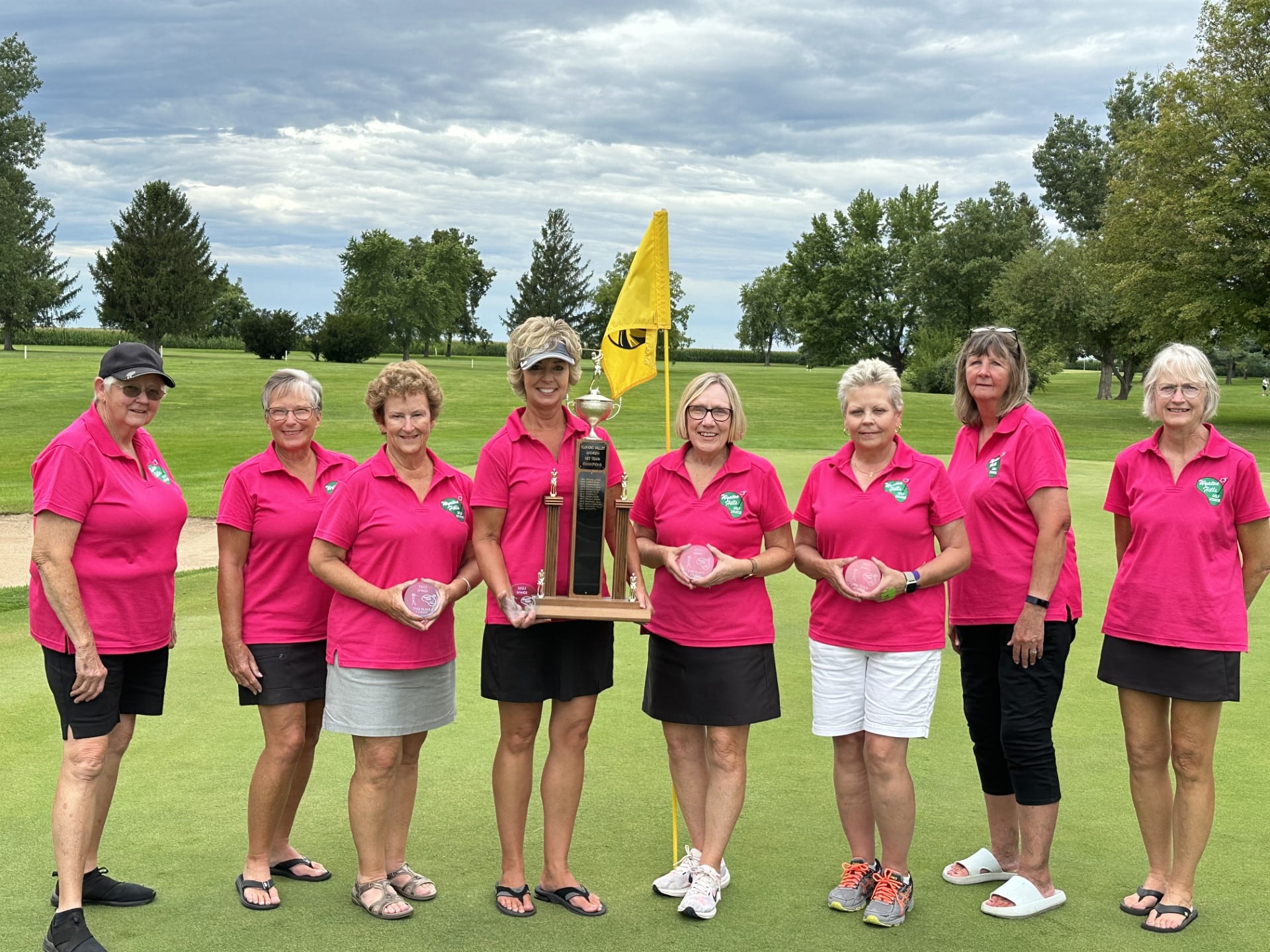 Wyaton Hills won the low net championship in Sunday's Illinois Valley Women's Golf Invitational Championship. Team members are (from left to right) Anna Flaig, Nancy Pierson, Mary Stander, Carol Towne, Karen Towns, Ann Lusher, Nancy Bland and Deb Maritz. Absent from photo: Carolyn Barkley.