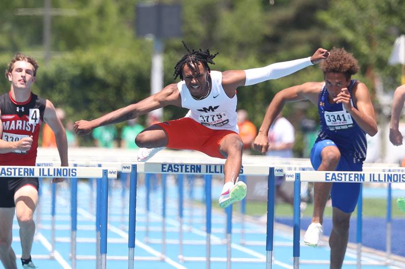 Minooka’s Dejay Smith hurdles to a 2nd place finish in the Class 3A 110m Hurdles State Championship on Saturday, May 25, 2024 in Charleston.