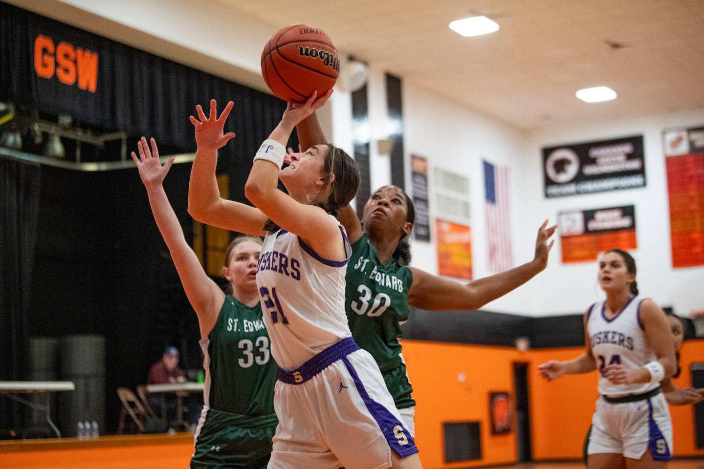 Serena's Makayla McNally attempts a shot againse St. Edward during the 1A Sectional game on Tuesday Feb. 20, 2024 at Gardner-South Wilmington High School in Gardner