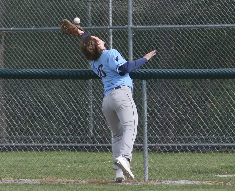 Bureau Valley's Sam Wright makes a catch in foul territory on Monday, May 1, 2023 at St. Bede Academy.