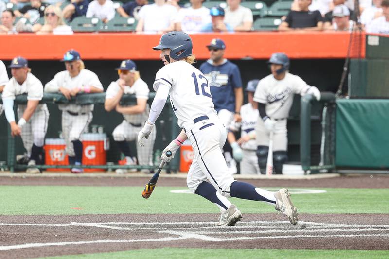 Lemont’s Andrew Phelan singles against Crystal Lake Central in the IHSA Class 3A Championship game on Saturday June 8, 2024 Duly Health and Care Field in Joliet.
