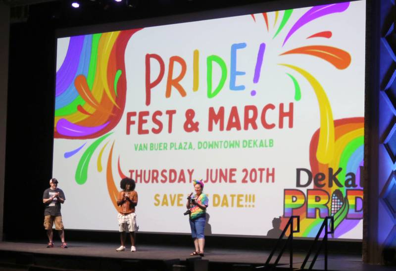 Speakers make remarks in the auditorium Thursday, June 20, 2024, during DeKalb Pride Fest at the Egyptian Theatre.