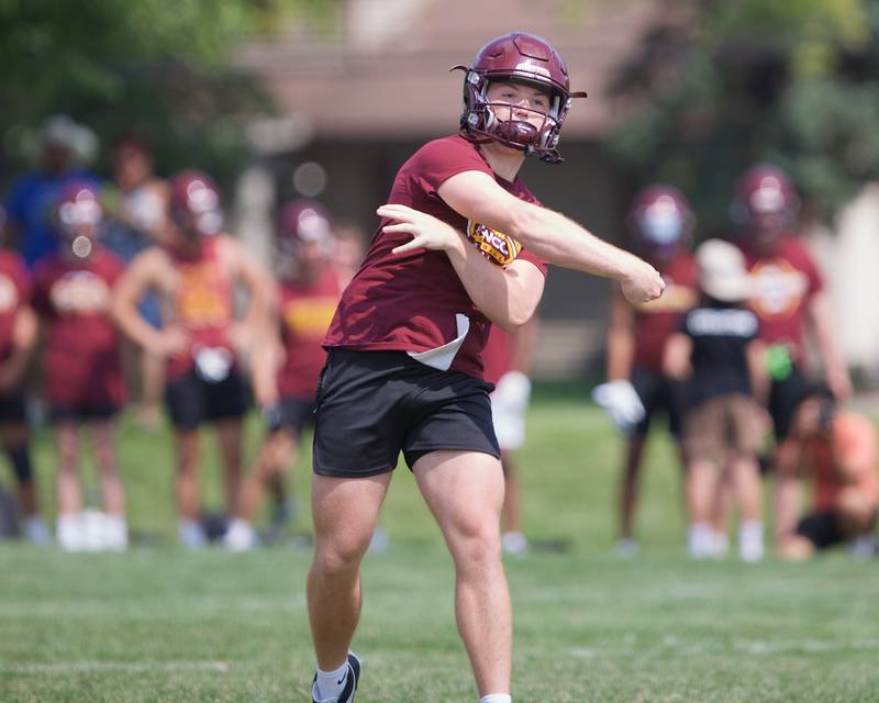 Montini's Gaetano Carbonara looks on after the throw at the Downers Grove South 7 on 7 event on Saturday, July 13, 2024 in Downers Grove.