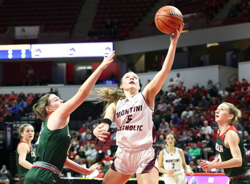 Montini's Victoria Matulevicius gets to the basket in front of Lincoln's Piper Whiteman during their game Friday, March 1, 2024, in the IHSA Class 3A state semifinal at the CEFCU Arena at Illinois State University in Normal.