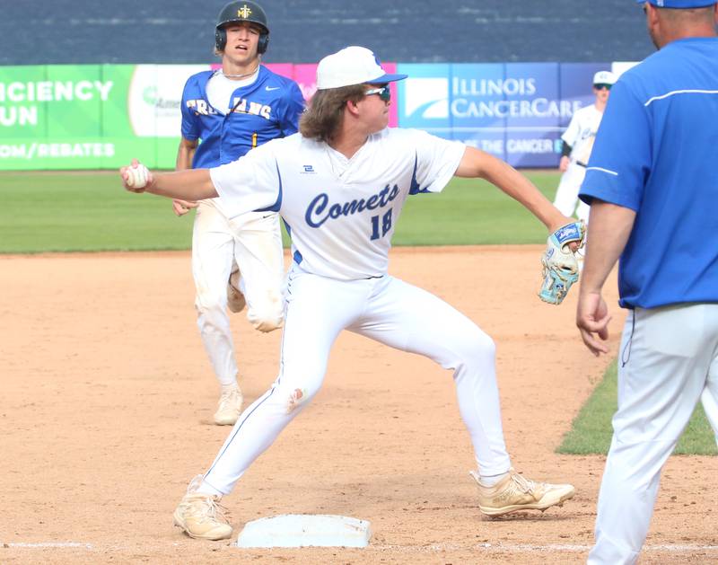 Newman's Garet Wolfe steps on the bag to force out Maroa-Forsyth's Mitch Williams during the Class 2A semifinal game on Friday, May 31, 2024 at Dozer Park in Peoria.