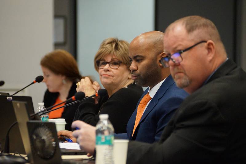 Prisoner Review Board members (from left) Julie Globokar, Darryldean Goff, Matthew Coates and Jeffrey Grubbs are pictured at the board’s March 28 meeting in Springfield.