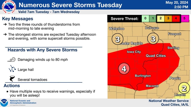 The National Weather Service released a severe storm warning for Tuesday, May 21. Several tornadoes are predicted to occur between 6 p.m. and 11 p.m. that day.