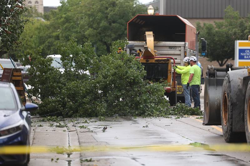 Crews work on clearing a tree off of North Chicago Street after a storm blew through Joliet Sunday morning, July 14, 2024.