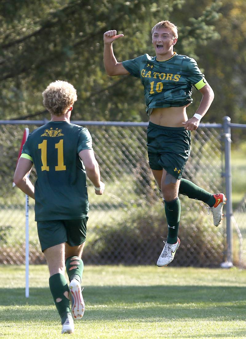 Crystal Lake South's Nicholas Prus (right) celebrates his goal during a Fox Valley Conference soccer match against Dundee-Crown on Tuesday, Sept. 10, 2024, at Crystal Lake South High School.