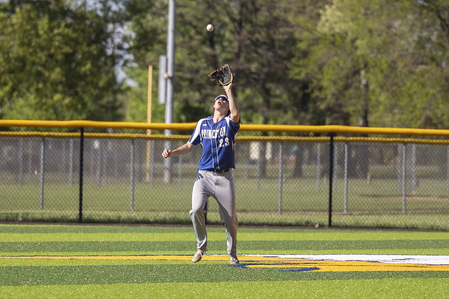 Princeton’s Noah LaPorte camps under a fly ball in center against Sterling Tuesday, May 7, 2024 at Sterling’s Gartner Park.