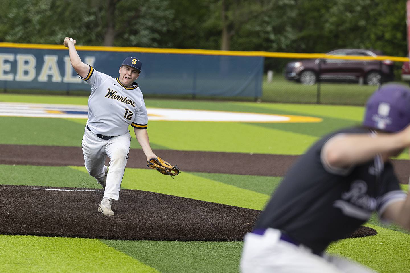 Sterling’s Drew Nettleton fires a pitch against Rochelle Monday, May 20, 2024 the class 3A regional quarterfinal.