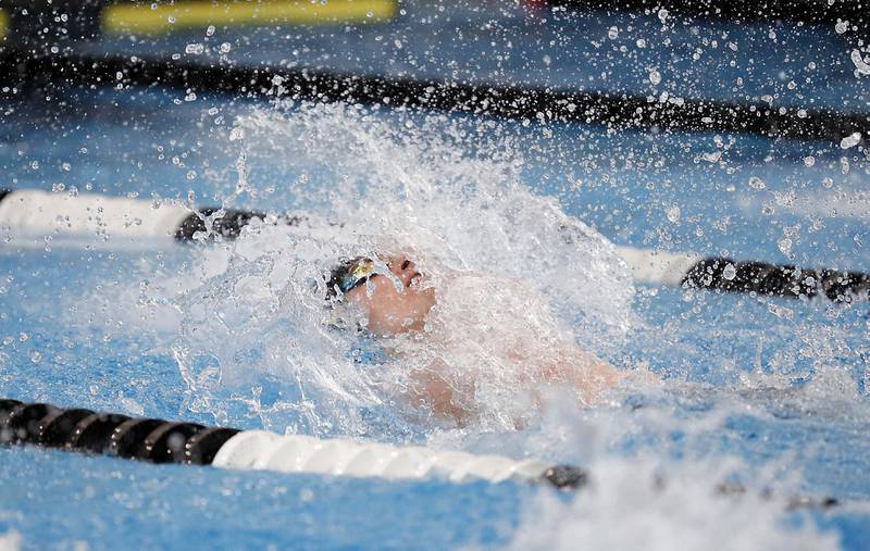 Michael Wywrocki of Stevenson competes in the 200 yard Medley Relay during the IHSA Boys state swim finals Saturday February 25, 2023 in Westmont.