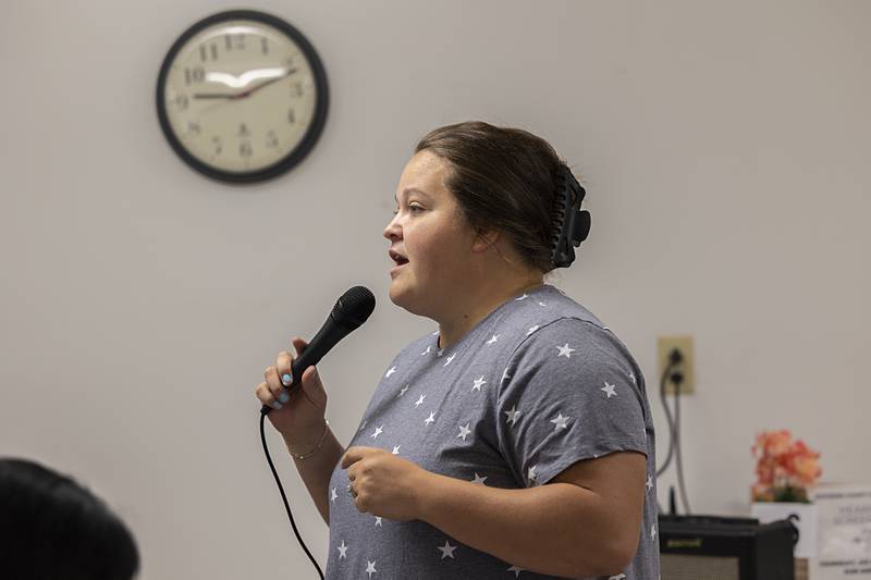 Whiteside County Senior Center director Emily Hammer speaks to a group of veterans Thursday, July 11, 2024 at the Sterling center. Once a month, vets have been getting together to network with one another over breakfast.