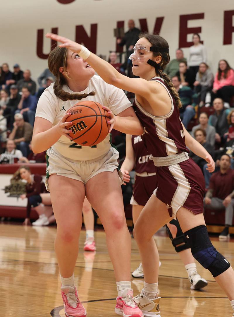 Montini Catholic’s Nicolette Keratin (3) shuts down Grayslake Central’s Annie Wolf (24) during the girls Class 3A Concordia University Supersectional basketball game on Monday, Feb. 26, 2024 in River Forest, IL.